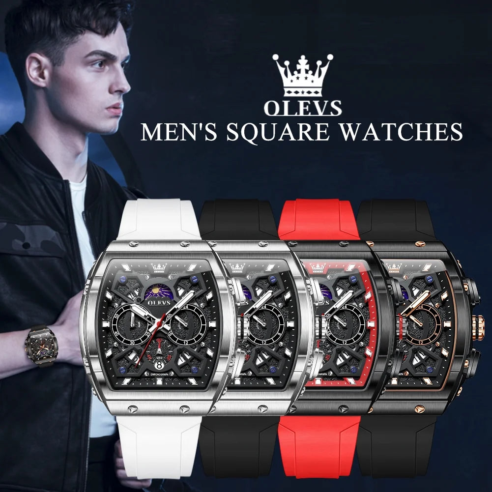 Watches for Men Chronograph Waterproof Luxury Dress Quartz Silicon Strap Multifunction Moon Phase Calendar Luminous Men Wrist Watches Reloj Para Hombre Black/Red