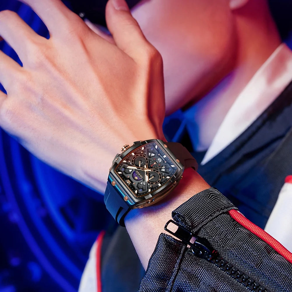 Watches for Men Chronograph Waterproof Luxury Dress Quartz Silicon Strap Multifunction Moon Phase Calendar Luminous Men Wrist Watches Reloj Para Hombre Black/Red