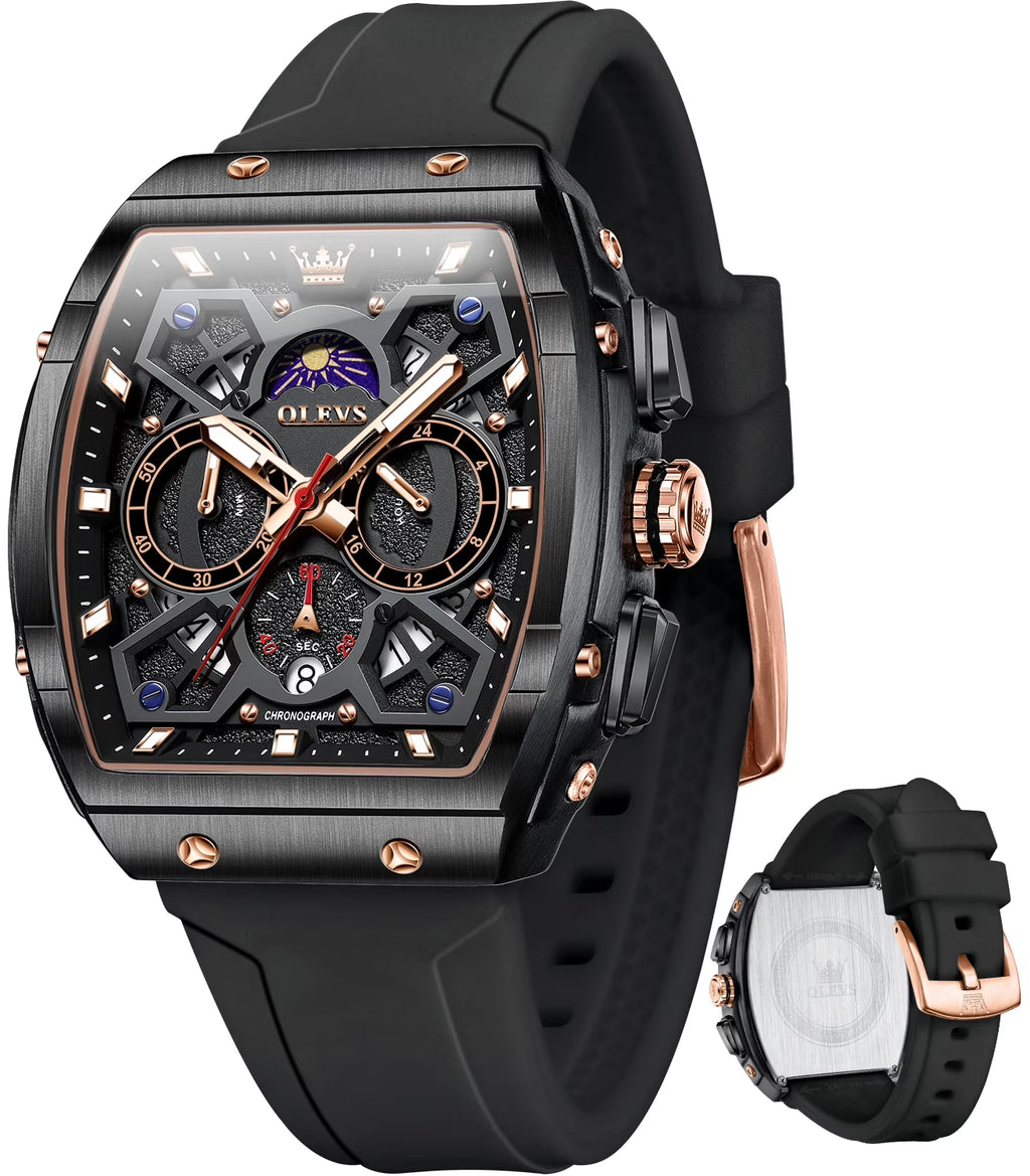 Watches for Men Chronograph Waterproof Luxury Dress Quartz Silicon Strap Multifunction Moon Phase Calendar Luminous Men Wrist Watches Reloj Para Hombre Black/Red