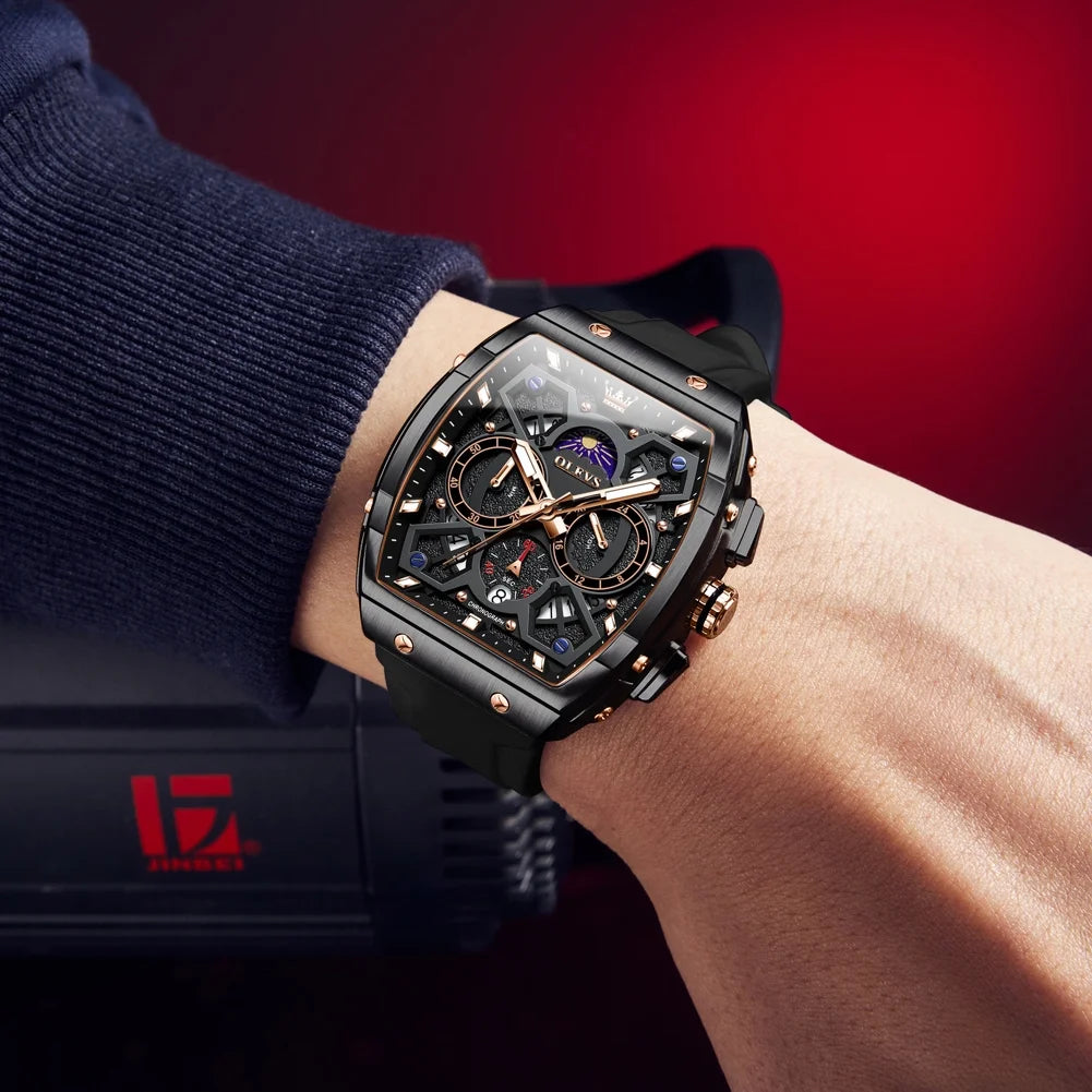 Watches for Men Chronograph Waterproof Luxury Dress Quartz Silicon Strap Multifunction Moon Phase Calendar Luminous Men Wrist Watches Reloj Para Hombre Black/Red