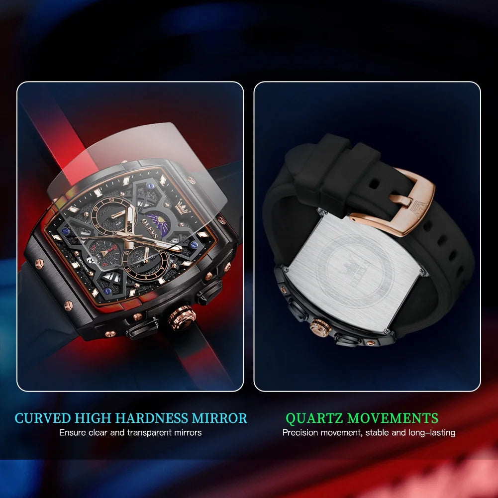 Watches for Men Chronograph Waterproof Luxury Dress Quartz Silicon Strap Multifunction Moon Phase Calendar Luminous Men Wrist Watches Reloj Para Hombre Black/Red