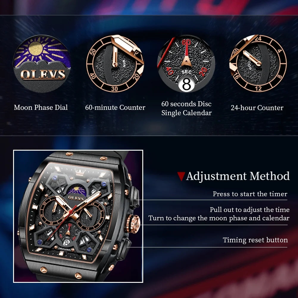 Watches for Men Chronograph Waterproof Luxury Dress Quartz Silicon Strap Multifunction Moon Phase Calendar Luminous Men Wrist Watches Reloj Para Hombre Black/Red