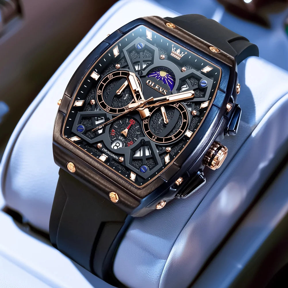Watches for Men Chronograph Waterproof Luxury Dress Quartz Silicon Strap Multifunction Moon Phase Calendar Luminous Men Wrist Watches Reloj Para Hombre Black/Red