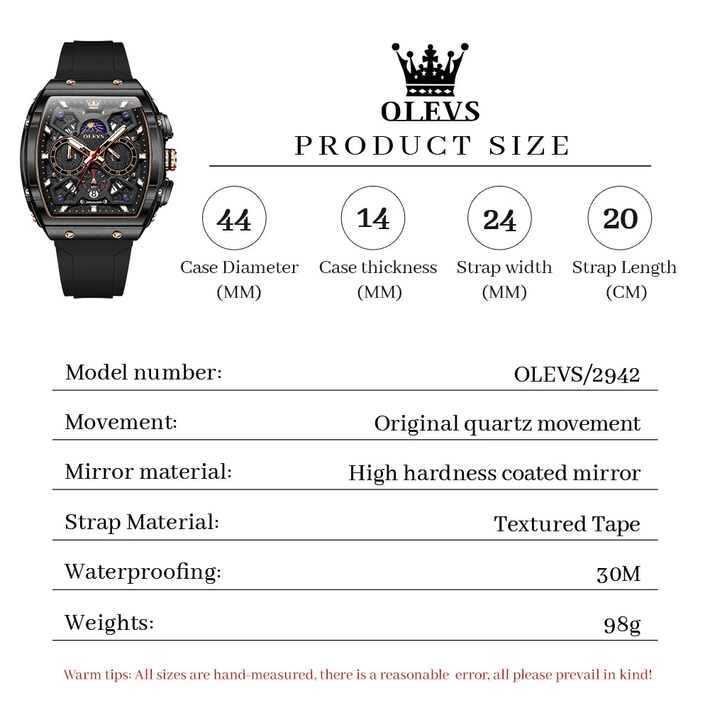 Watches for Men Chronograph Waterproof Luxury Dress Quartz Silicon Strap Multifunction Moon Phase Calendar Luminous Men Wrist Watches Reloj Para Hombre Black/Red