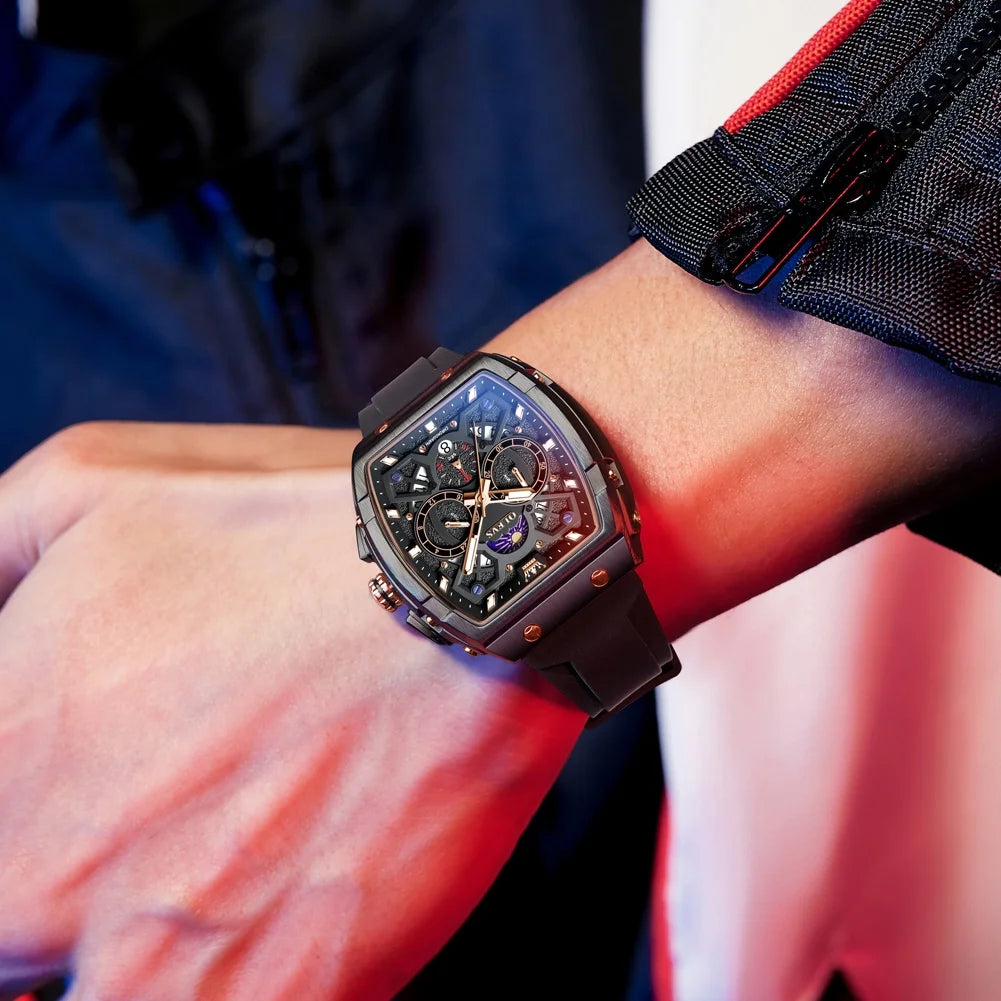 Watches for Men Chronograph Waterproof Luxury Dress Quartz Silicon Strap Multifunction Moon Phase Calendar Luminous Men Wrist Watches Reloj Para Hombre Black/Red