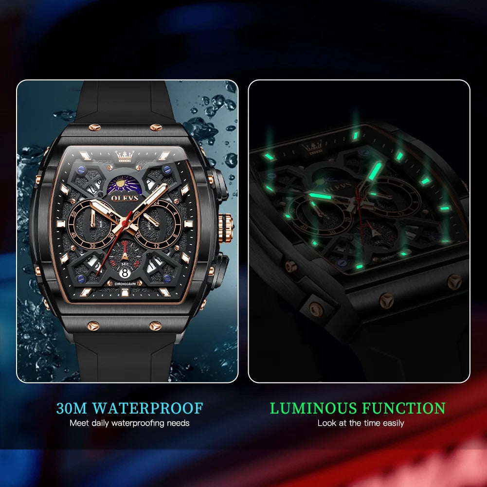 Watches for Men Chronograph Waterproof Luxury Dress Quartz Silicon Strap Multifunction Moon Phase Calendar Luminous Men Wrist Watches Reloj Para Hombre Black/Red