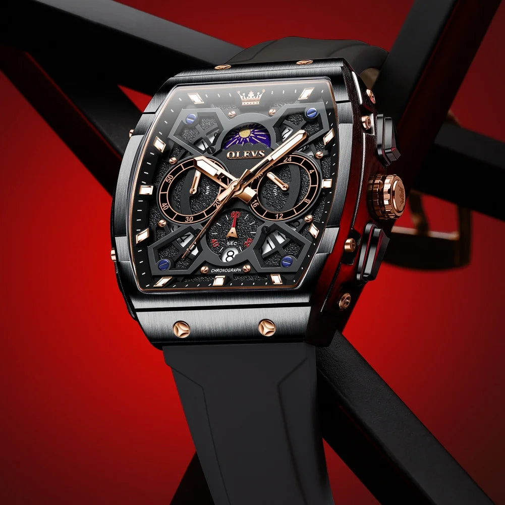 Watches for Men Chronograph Waterproof Luxury Dress Quartz Silicon Strap Multifunction Moon Phase Calendar Luminous Men Wrist Watches Reloj Para Hombre Black/Red